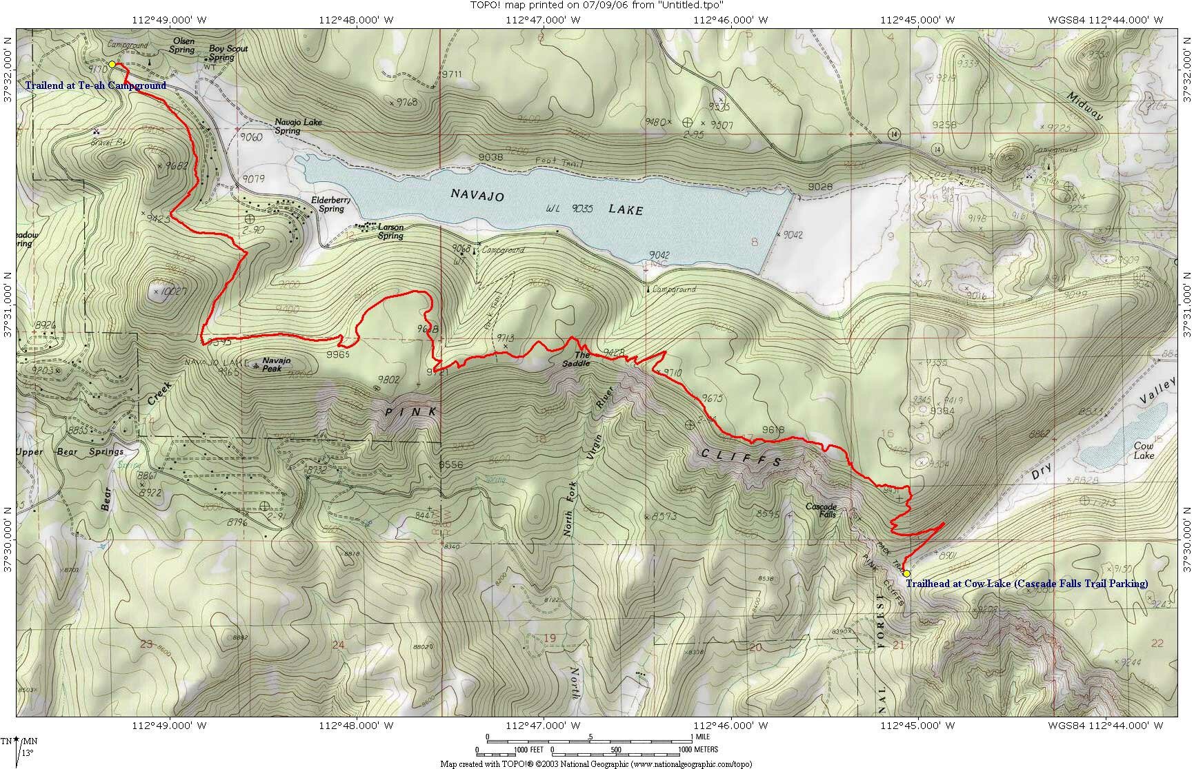 Map Virgin River Rim Trail: Cascade Falls Trailhead to Te-ah Trialhead